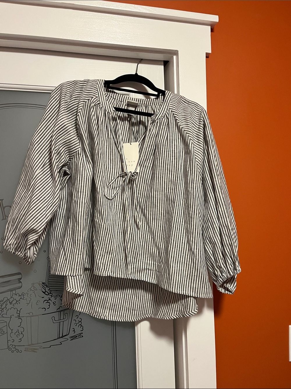 a new day Black & White Striped Tie-Neck Peasant Top